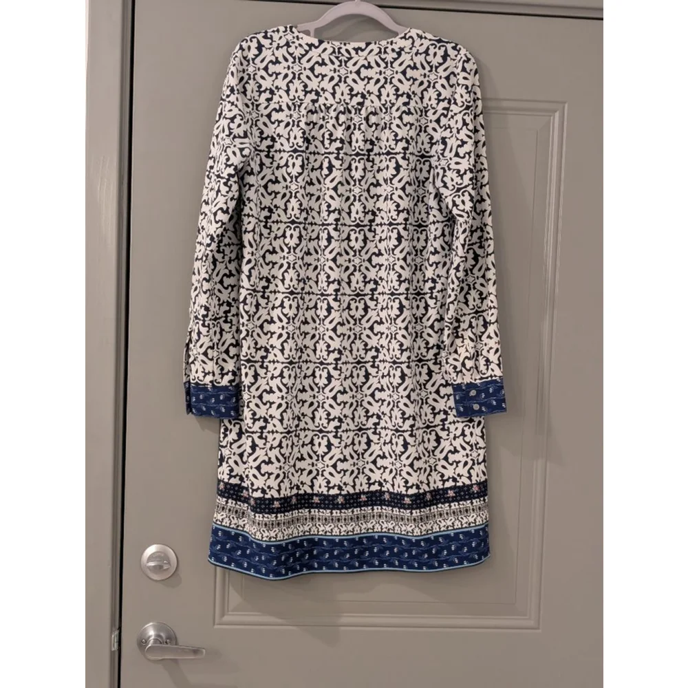 Women's LOFT Blue & White Patterned Long Sleeve Dress S - Picture 6 of 8